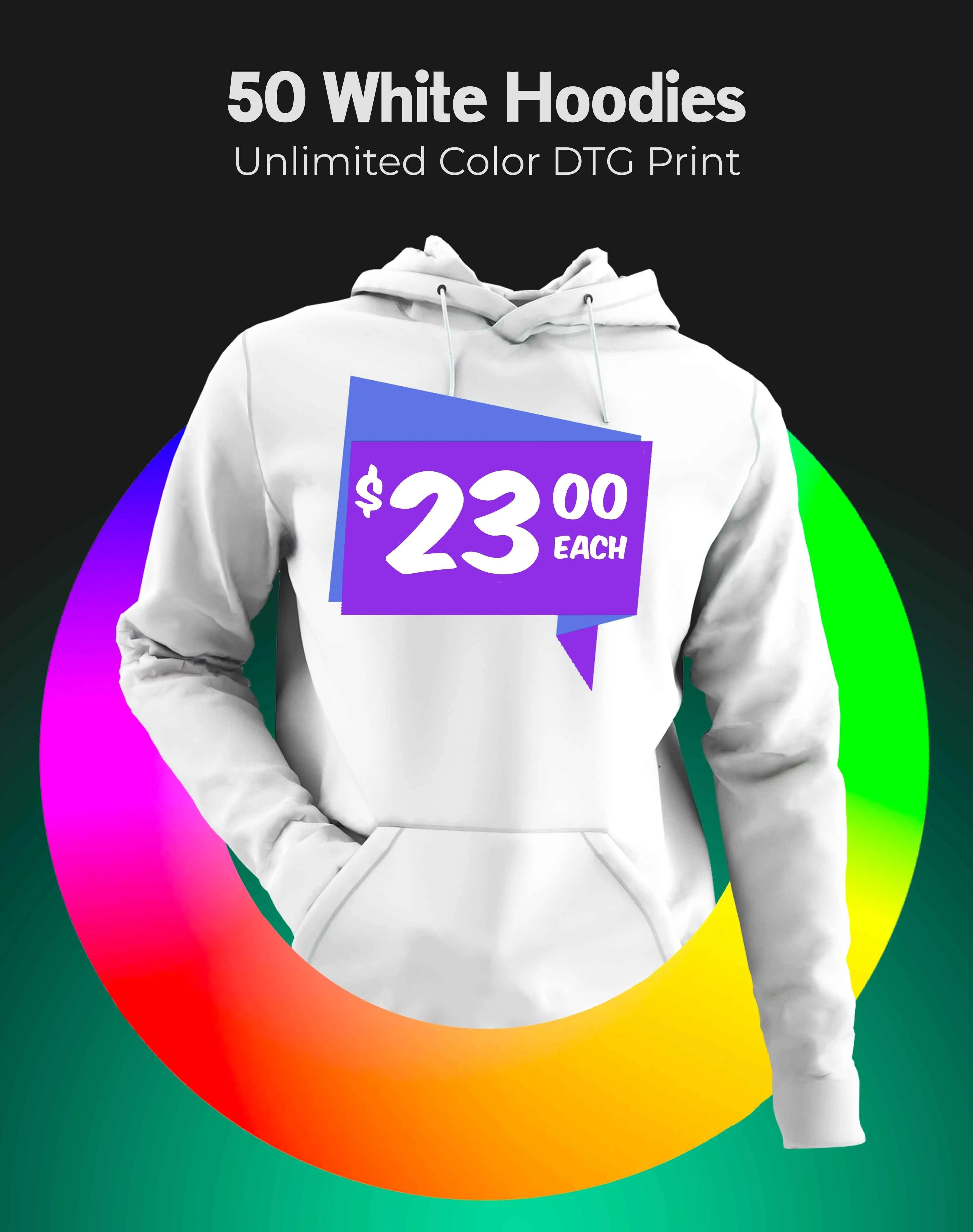 50 White Hoodies - Full Color Print