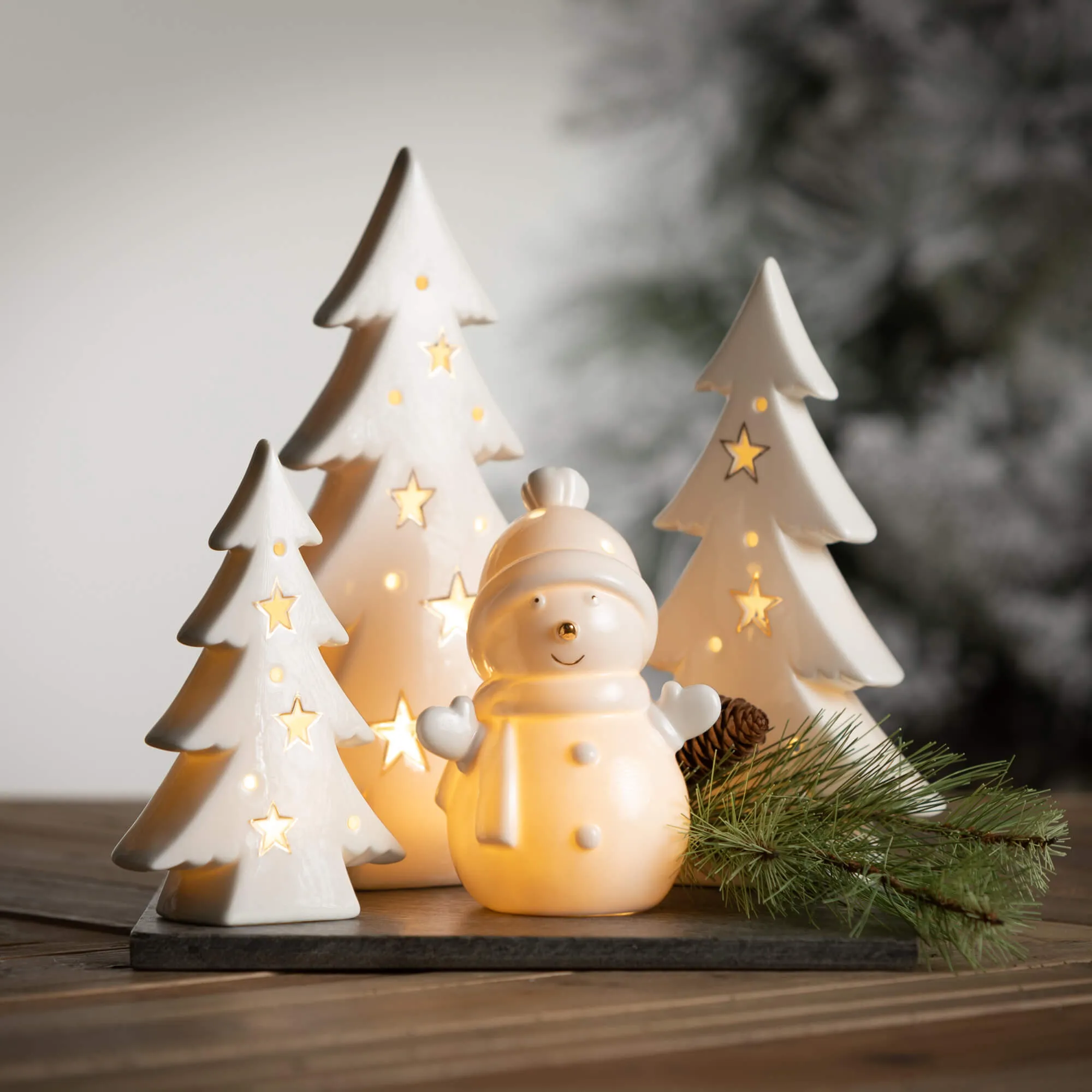 6.25"H, 8.5"H and 10"H Sullivans Lighted Porcelain Fir Tree - Set of 3, White