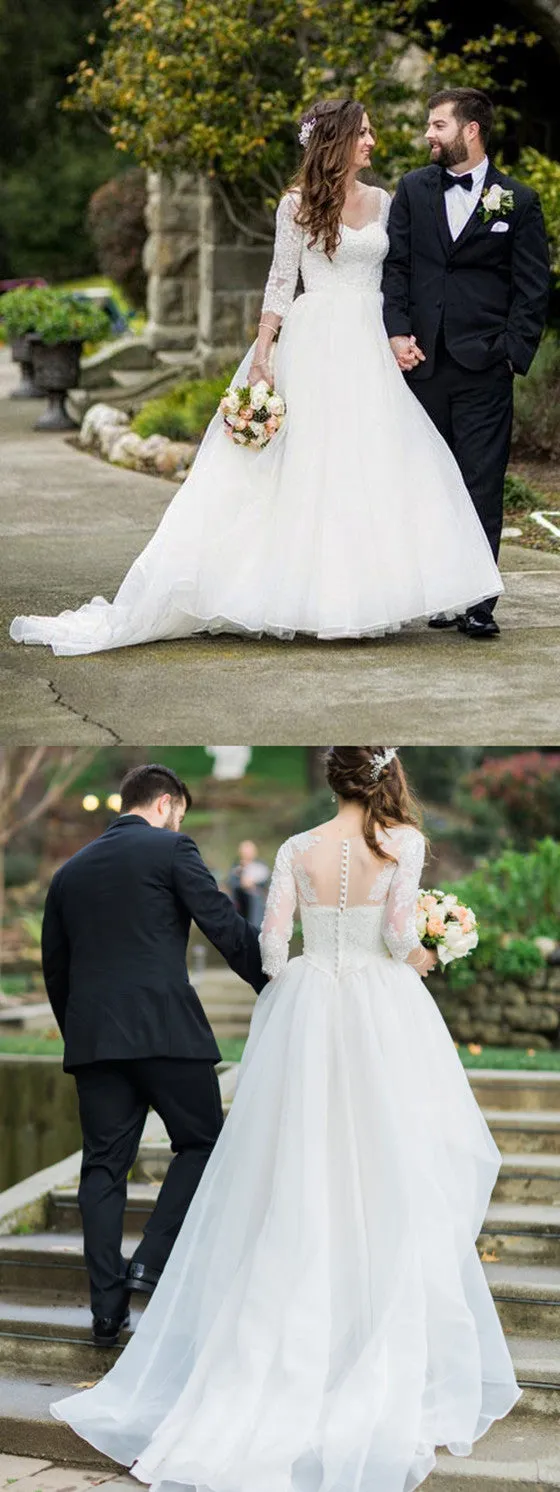 A-line 3/4 Sleeves Lace Wedding Dresses With Sweep Train Bridal Gowns, WD0411