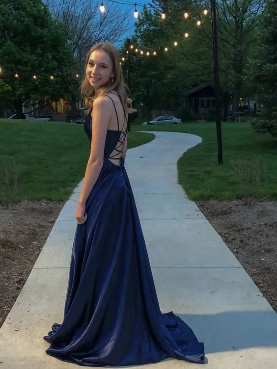 A-line Backless Prom Dress,Navy Blue Graduation Dress  Y7449