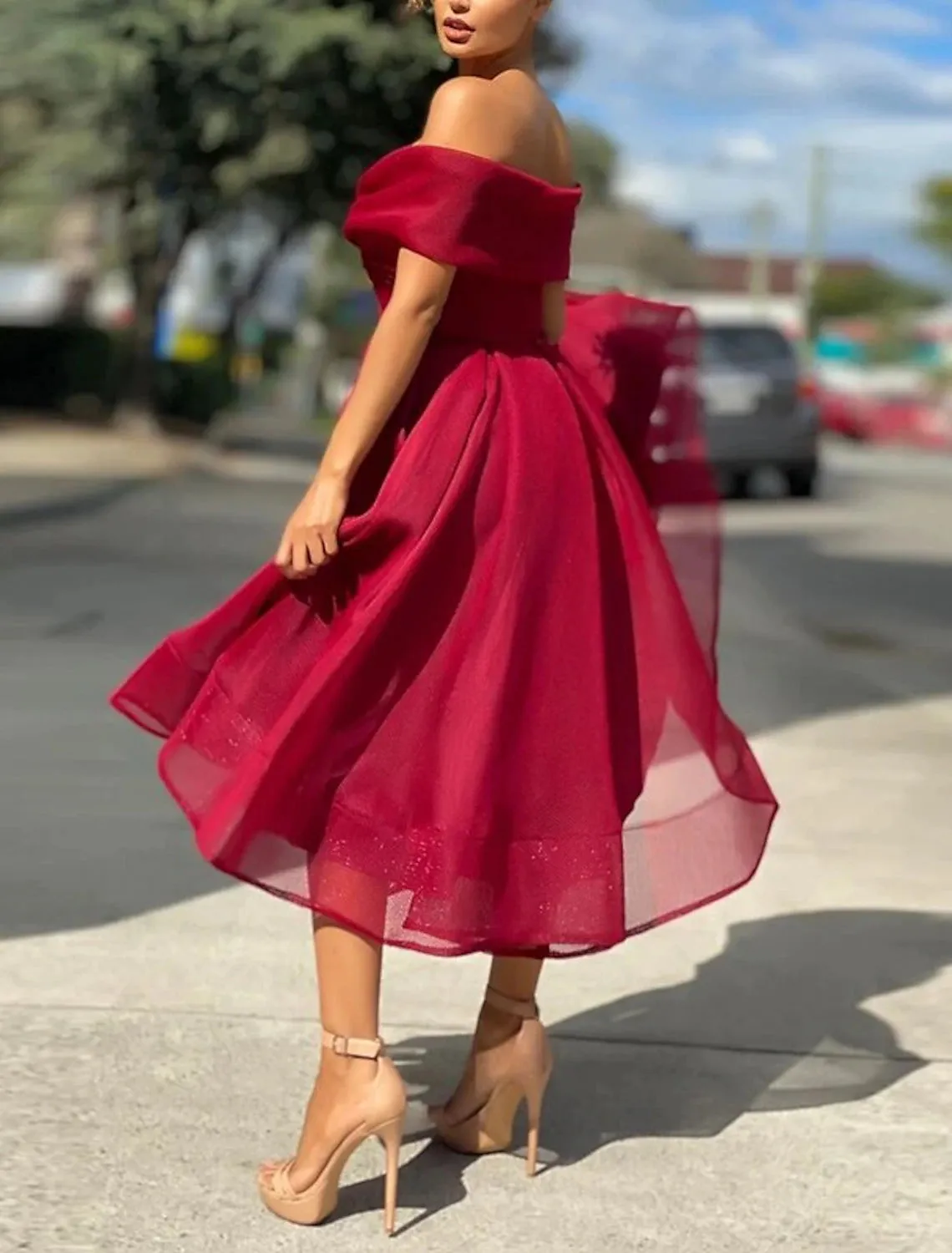 A-Line Cocktail Dresses Vintage Dress Wedding Guest Tea Length Sleeveless Off Shoulder Tulle with Pleats