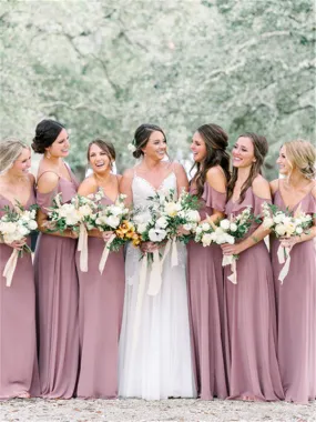 A-line Floor-length V-neck Off-shoulder Bridesmaid Dresses With Ruffles, BD0623