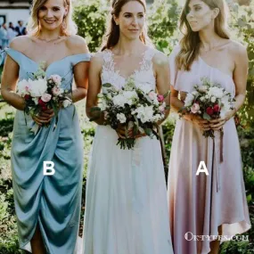 A-Line One-Shoulder Pink Elastic Satin Wedding Party Bridesmaid Dresses, TYP1835