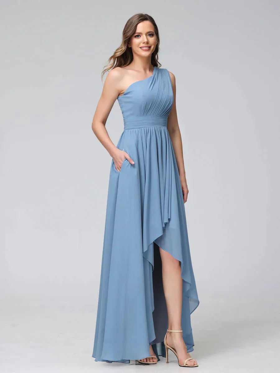 A-Line One-Shoulder Sleeveless Chiffon High Low Bridesmaid Dresses With Pockets