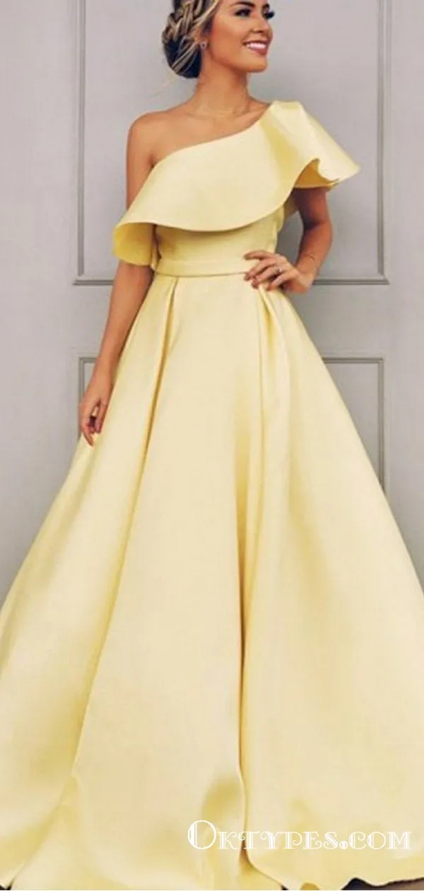 A-Line One Shoulder Sleeveless Yellow Long Prom Dresses With Ruffles, TYP1653