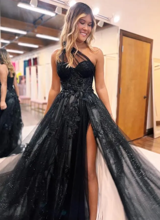 A-Line Prom Dresses Color Block Dress Formal Sweep / Brush Train Sleeveless One Shoulder Tulle Backless with Pleats Appliques