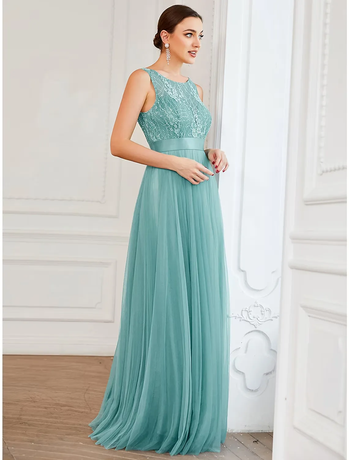 A-Line Prom Dresses Elegant Dress Wedding Guest Floor Length Sleeveless Jewel Neck Tulle with Sequin Pure Color