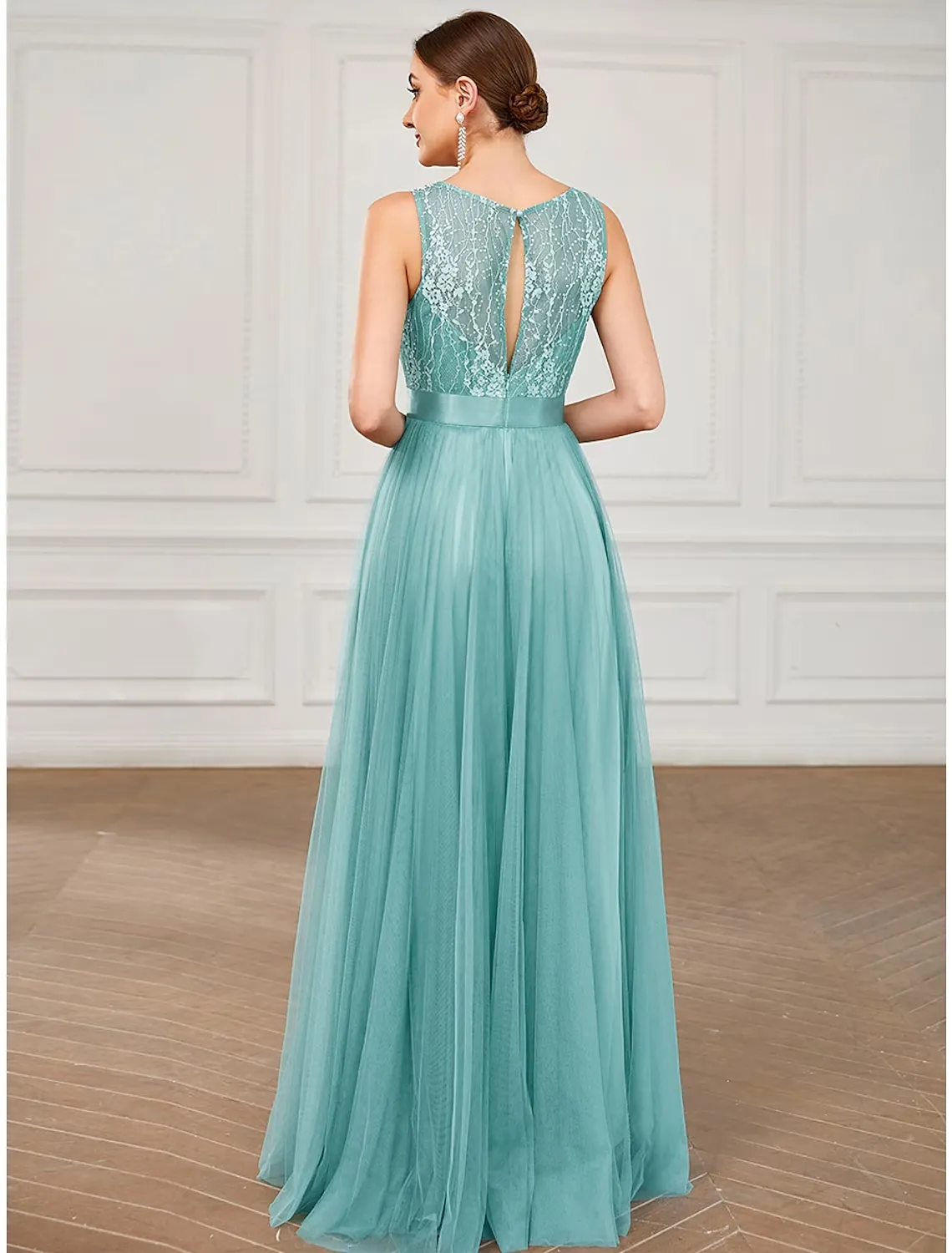 A-Line Prom Dresses Elegant Dress Wedding Guest Floor Length Sleeveless Jewel Neck Tulle with Sequin Pure Color