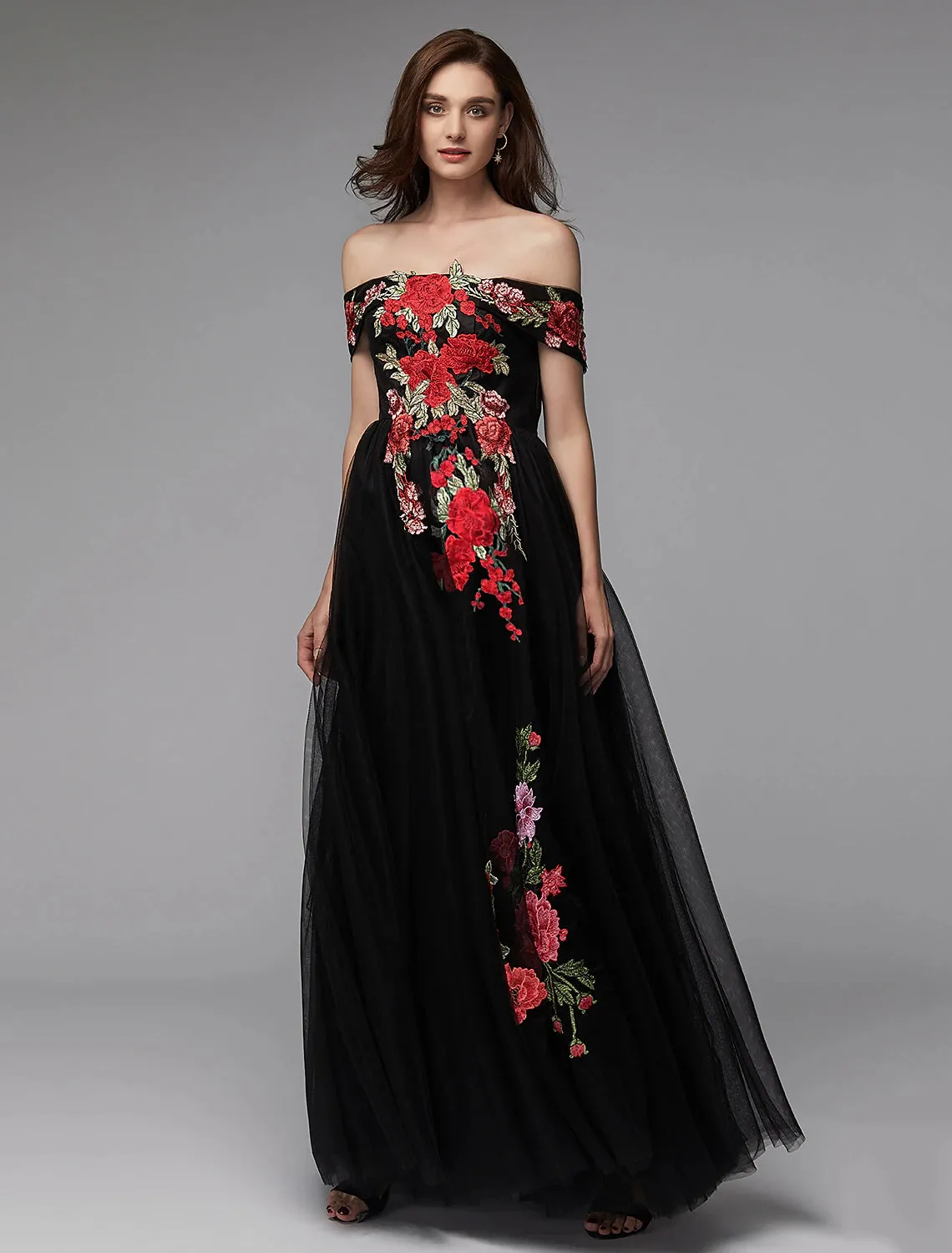 A-Line Prom Dresses Floral Dress Wedding Guest Prom Floor Length Sleeveless Off Shoulder Lace Over Tulle with Embroidery Appliques