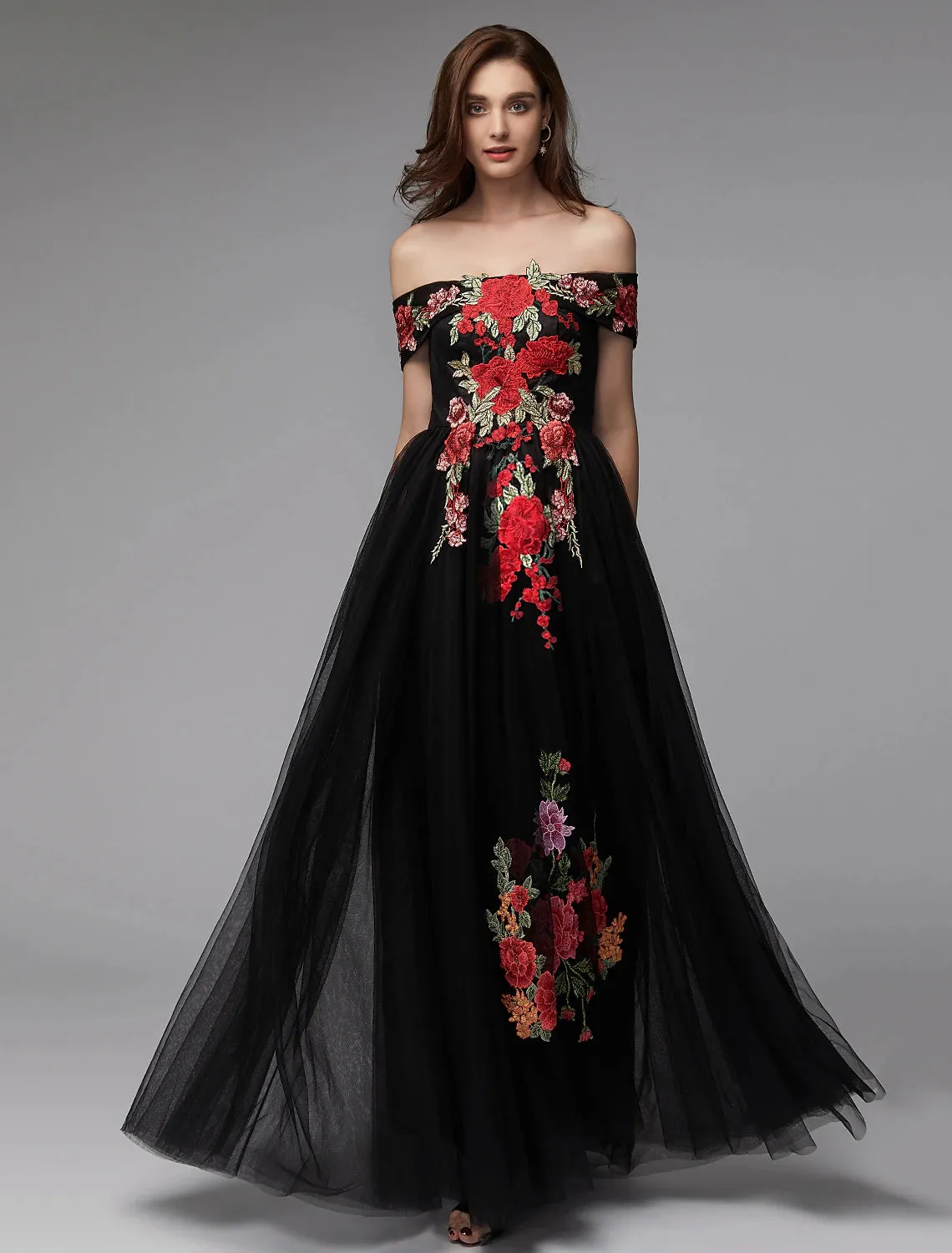 A-Line Prom Dresses Floral Dress Wedding Guest Prom Floor Length Sleeveless Off Shoulder Lace Over Tulle with Embroidery Appliques