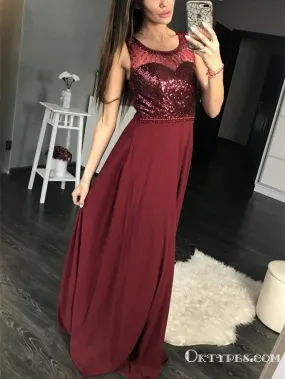 A-line Scoop Neck Floor-Length Chiffon Burgundy Prom Dresses, TYP1913