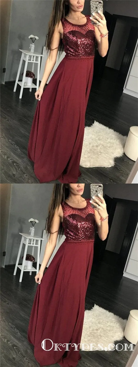 A-line Scoop Neck Floor-Length Chiffon Burgundy Prom Dresses, TYP1913