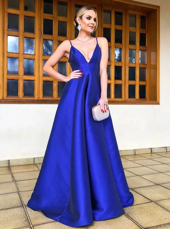 A-Line Spaghetti Straps long Royal Blue Satin Prom Party Dresses, TYP1503