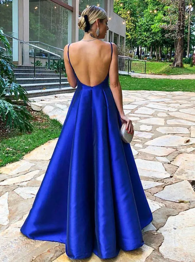 A-Line Spaghetti Straps long Royal Blue Satin Prom Party Dresses, TYP1503