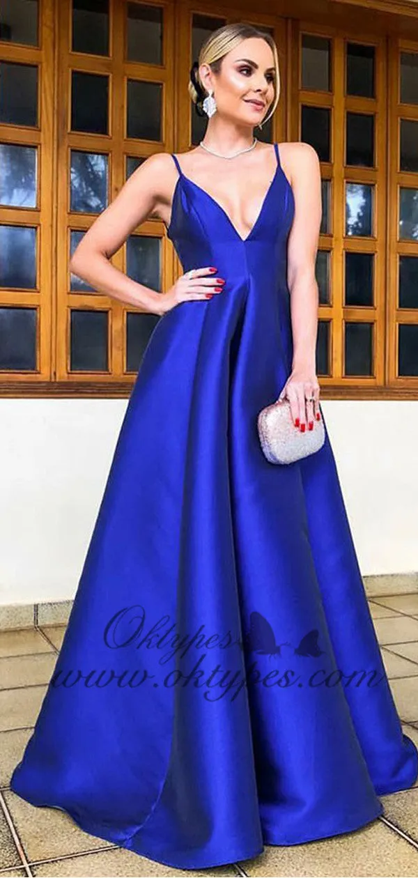 A-Line Spaghetti Straps long Royal Blue Satin Prom Party Dresses, TYP1503