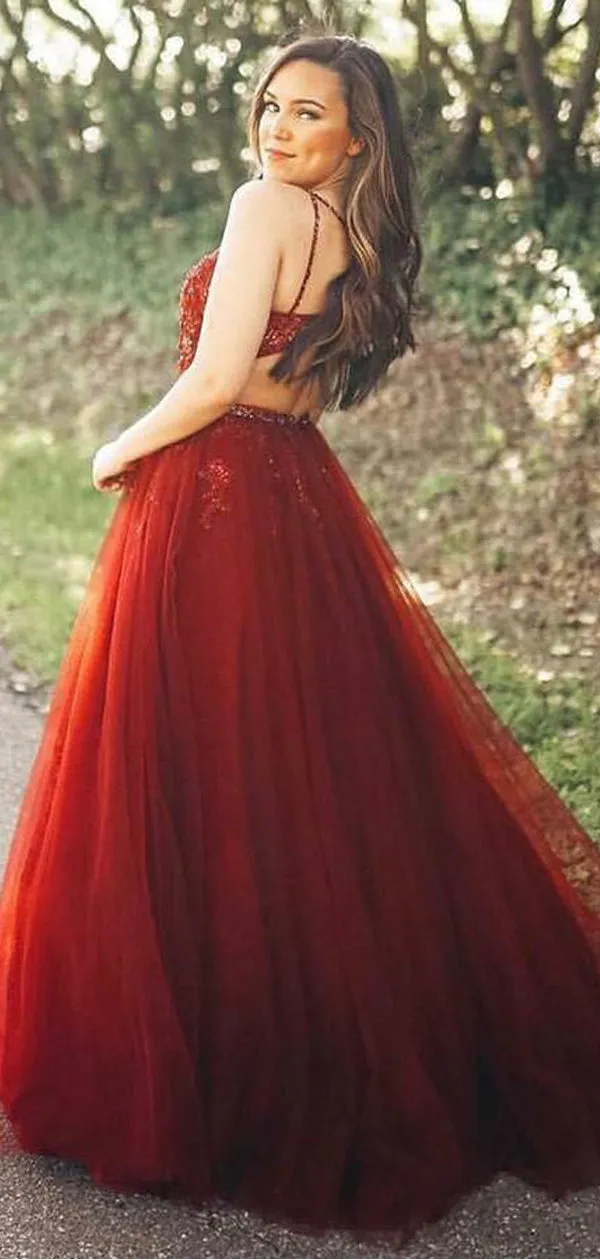 A-Line Spaghetti Straps Red Prom Party Dresses with Appliques Beading, TYP1335