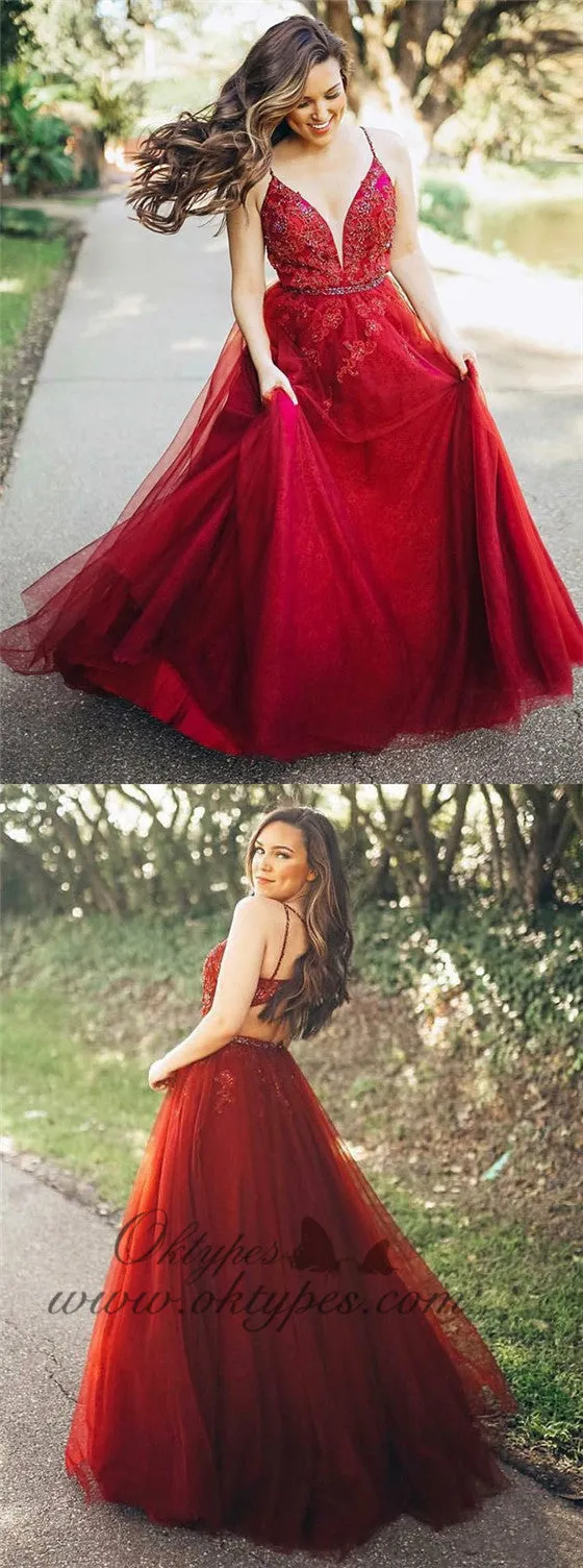 A-Line Spaghetti Straps Red Prom Party Dresses with Appliques Beading, TYP1335