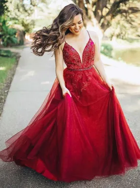 A-Line Spaghetti Straps Red Prom Party Dresses with Appliques Beading, TYP1335