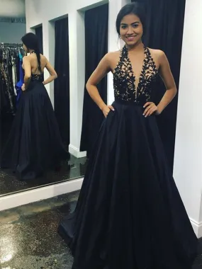 A Line V neck Backless Lace Black Prom Dresses with Pockets, Black Formal Dresses, Evening Dresses