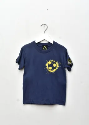 Aimas Kubada crew neck tee with football image and Adire trim details