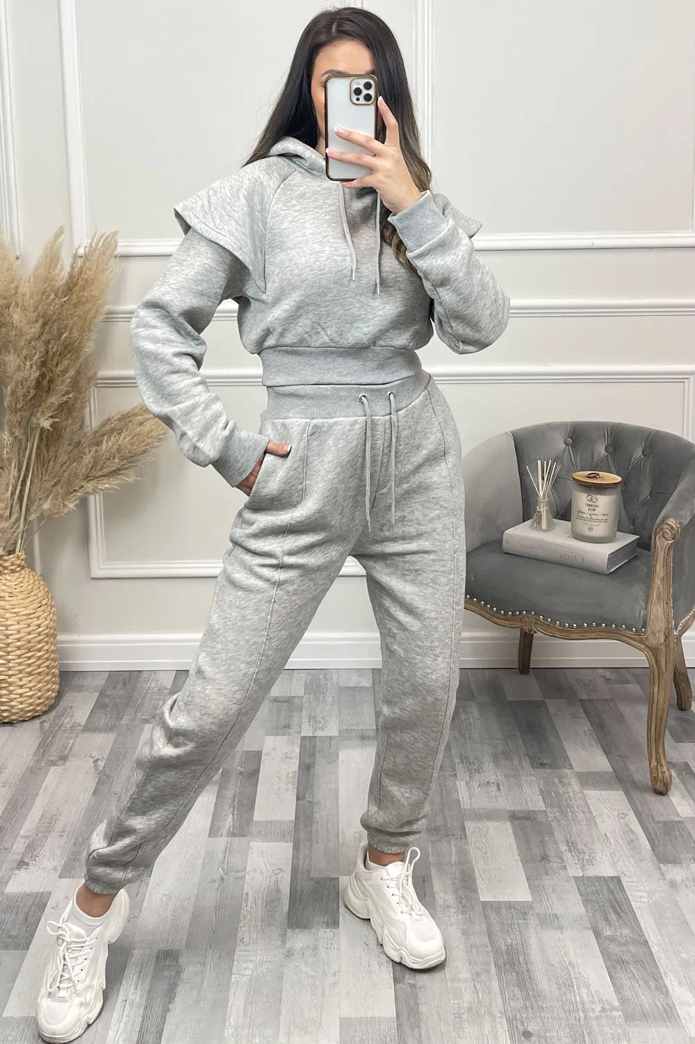 Alexa Grey Flare Sleeve Cropped Hoodie and Joggers Tracksuit Set