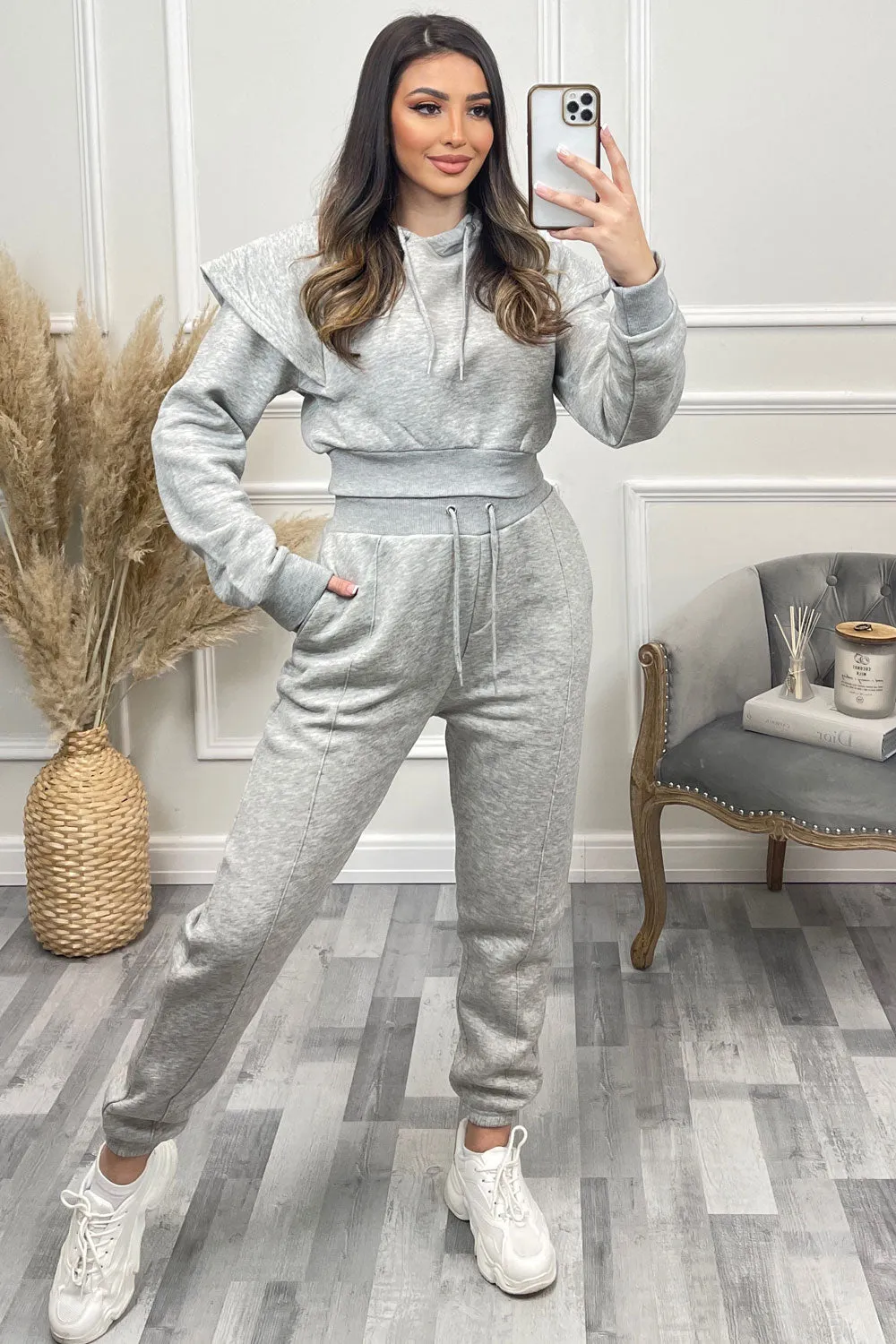 Alexa Grey Flare Sleeve Cropped Hoodie and Joggers Tracksuit Set