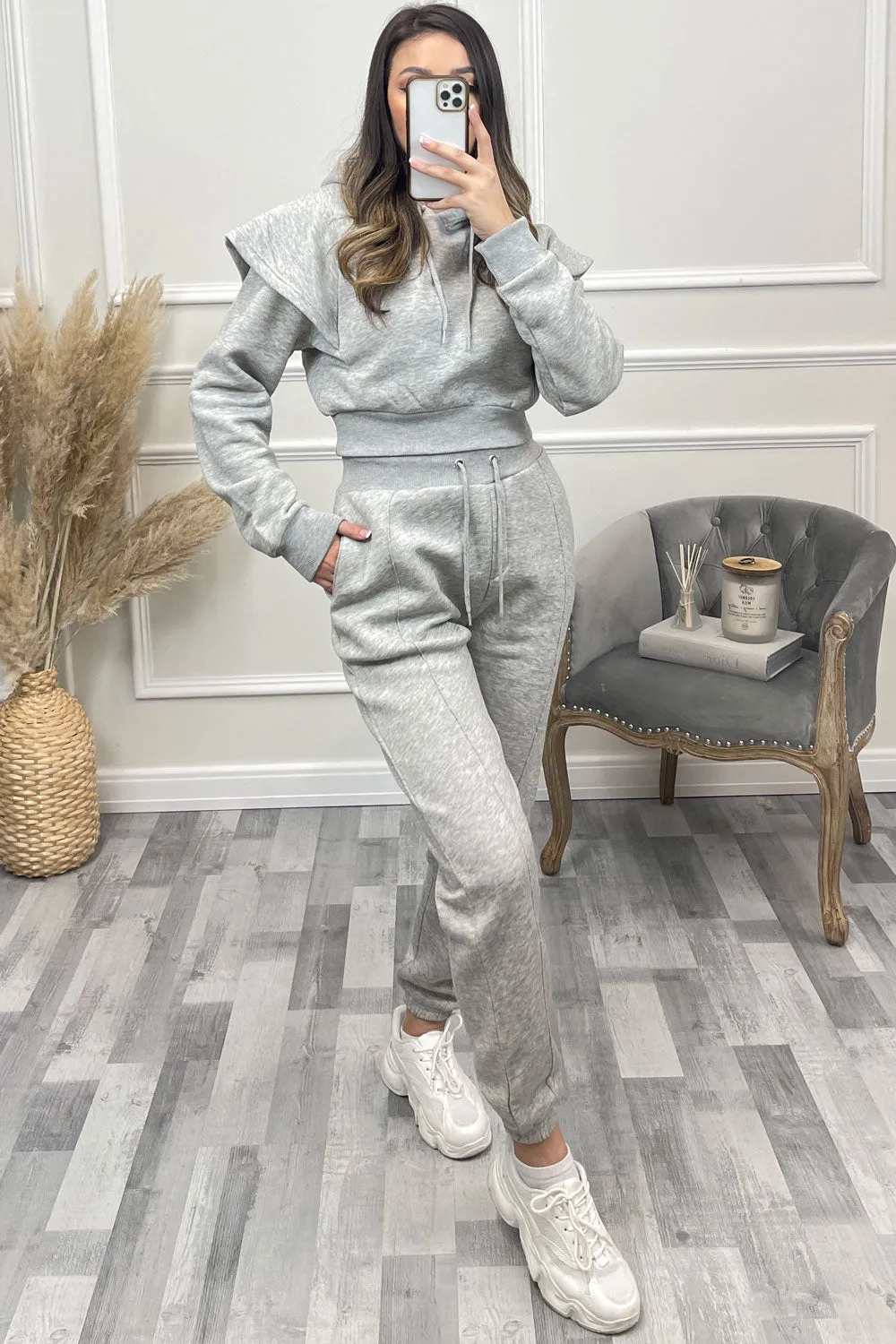 Alexa Grey Flare Sleeve Cropped Hoodie and Joggers Tracksuit Set