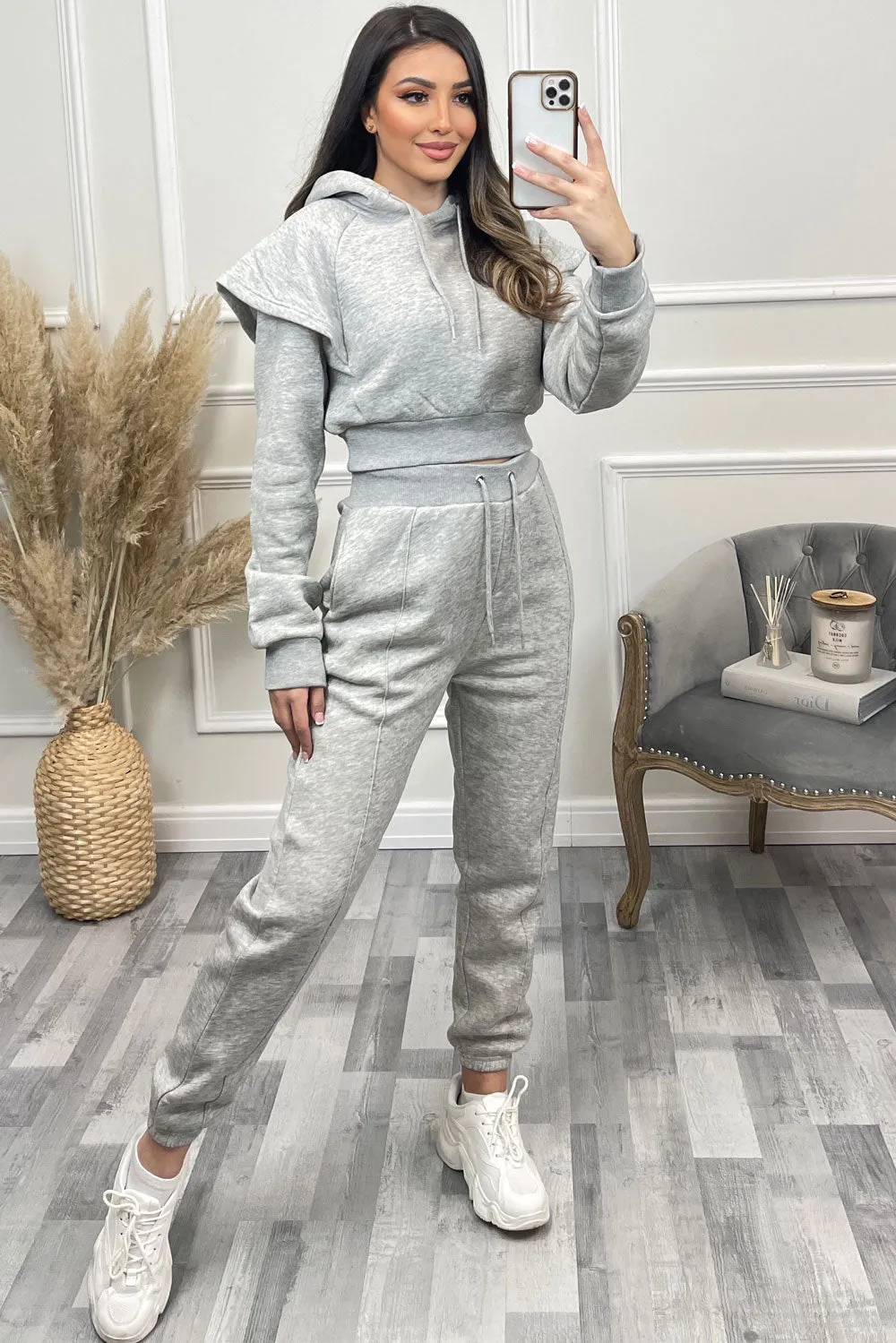 Alexa Grey Flare Sleeve Cropped Hoodie and Joggers Tracksuit Set