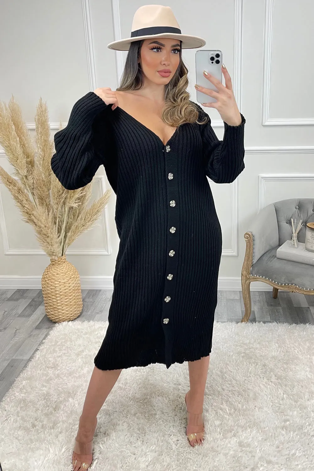 Alisha Black Button Up Longline Ribbed Knitted Cardigan