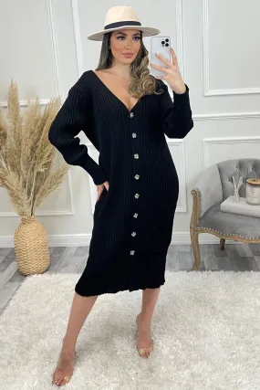 Alisha Black Button Up Longline Ribbed Knitted Cardigan