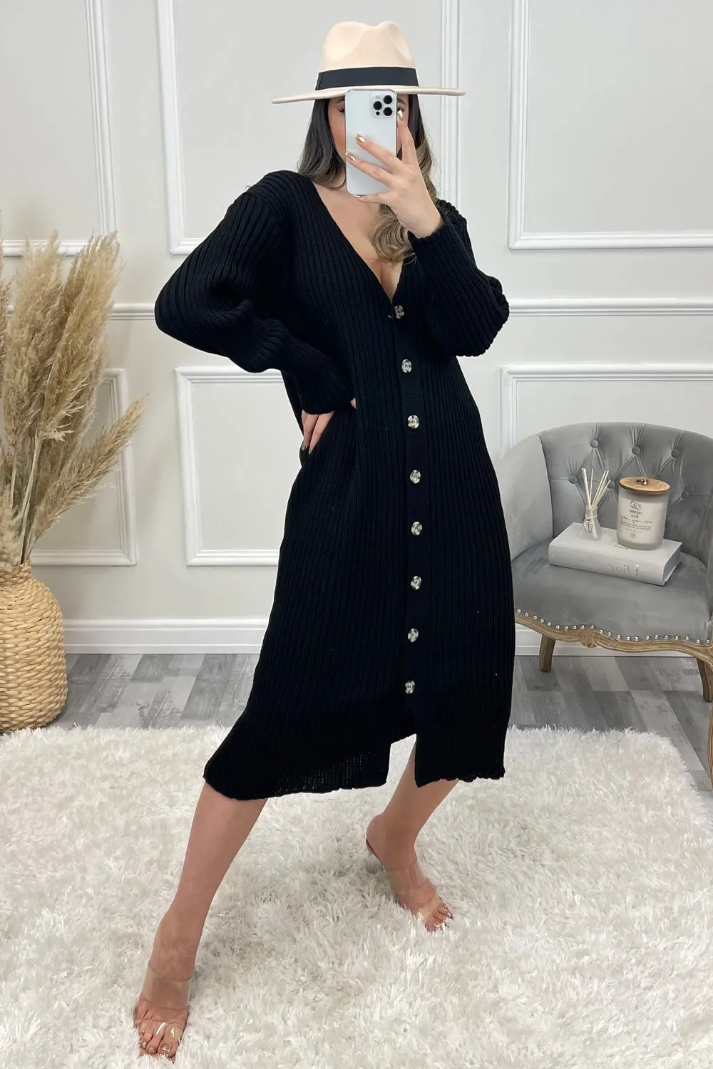 Alisha Black Button Up Longline Ribbed Knitted Cardigan