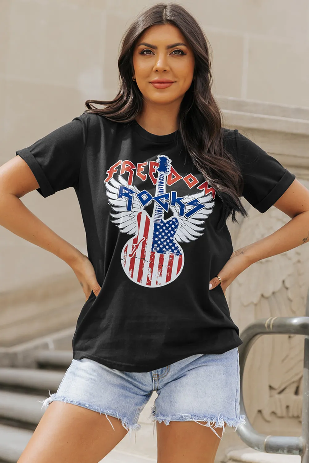 American Flag Guitar Print Crew Neck Tee