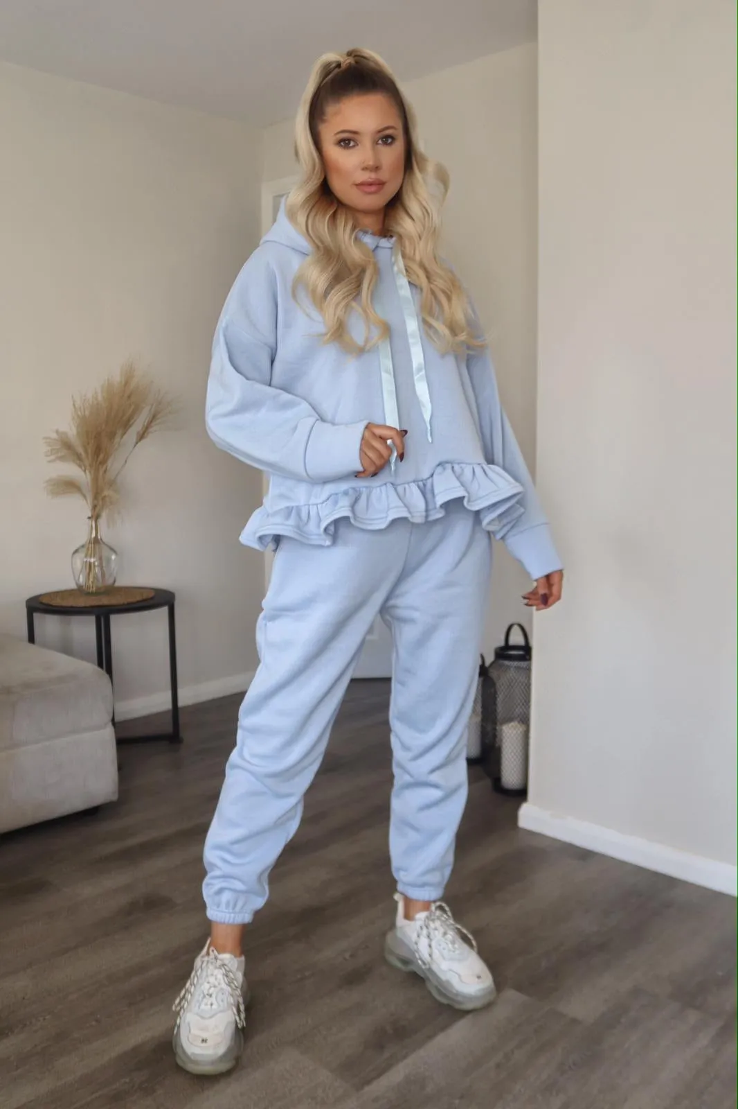 Arden Blue Frill Hem Hoodie and Joggers Tracksuit Set