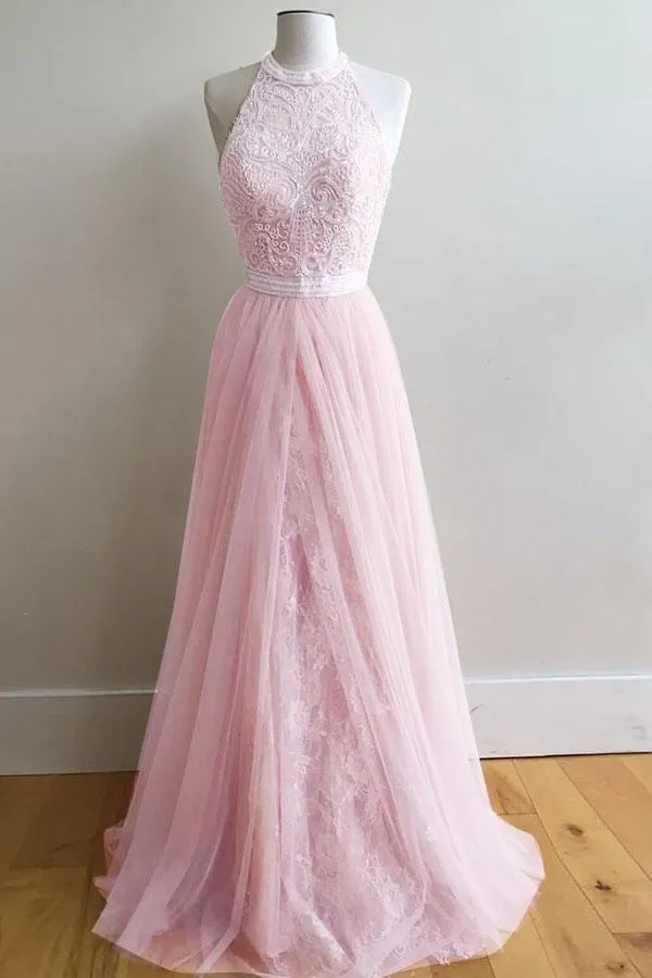 Backless Pink Princess A-Line Tulle Lace Prom Dresses, PD2305311