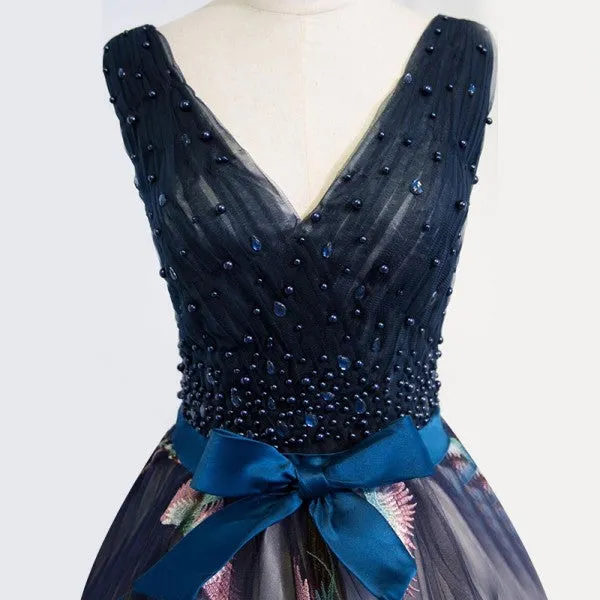 Ball Gown Navy Blue Lace-Up Tulle Prom Dresses with Beading&Appliques, TYP1268