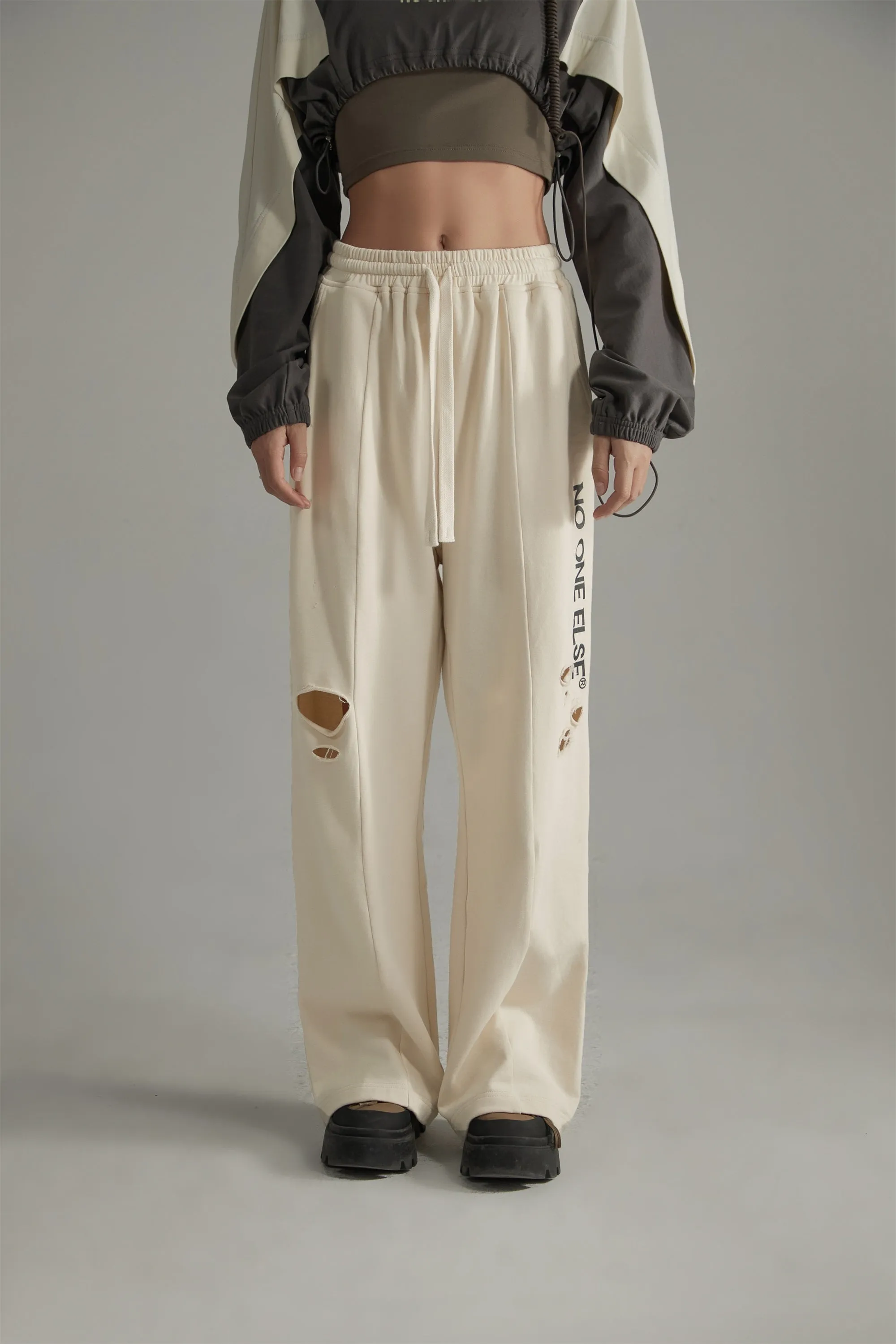 Banded Wide Leg Distressed Slit Pants