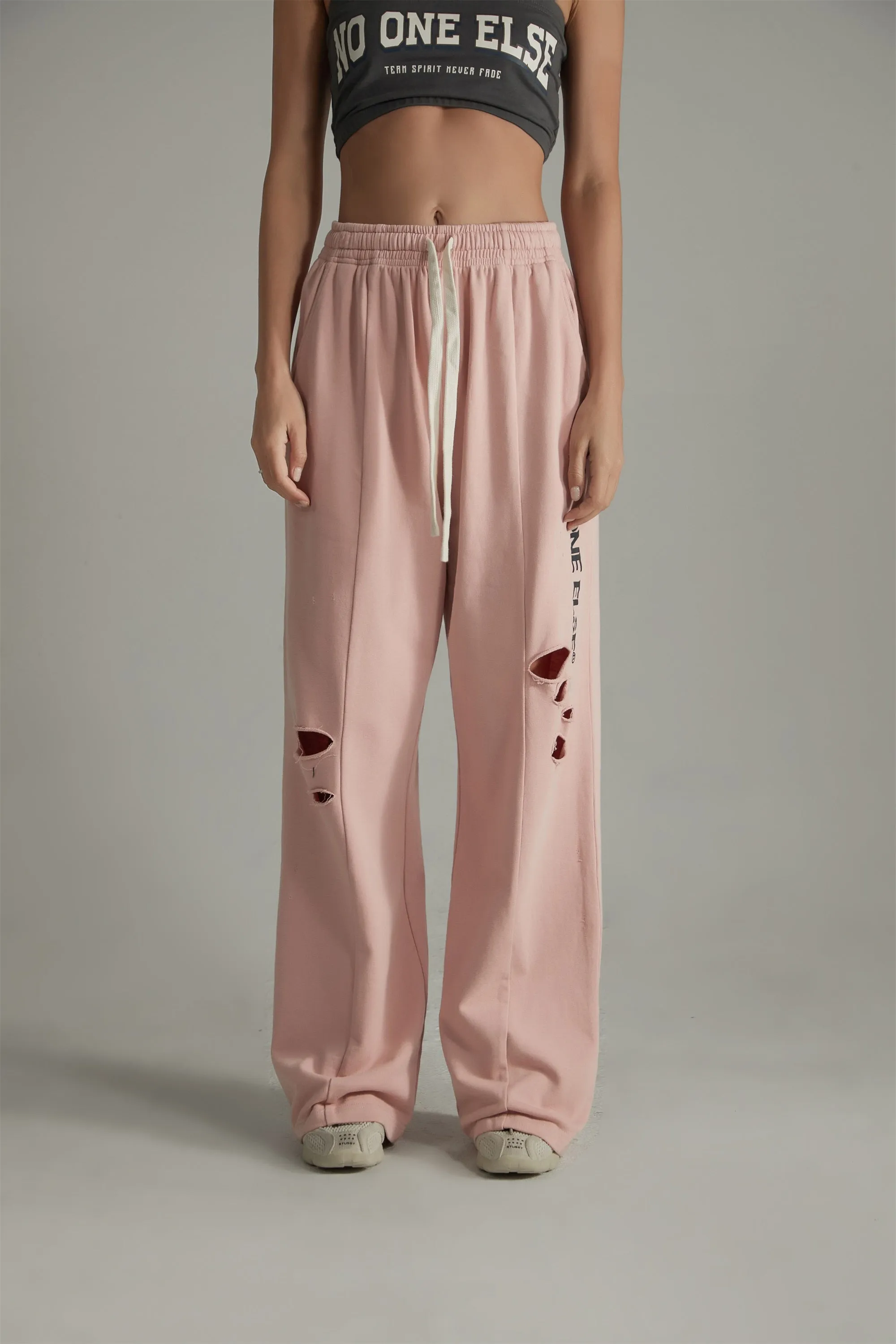 Banded Wide Leg Distressed Slit Pants