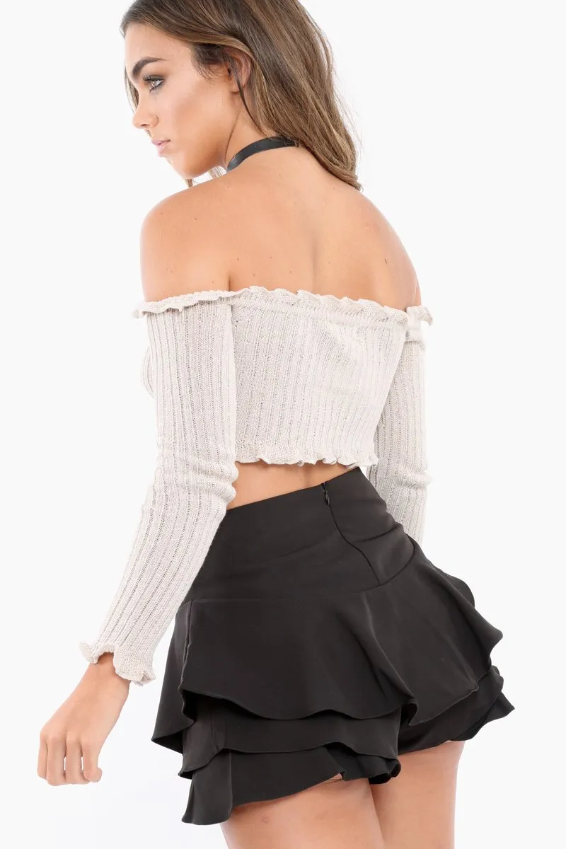 Beige Knitted Bardot Frill Crop Top - Kesia