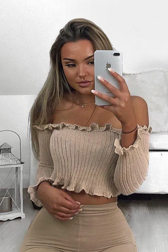 Beige Knitted Bardot Frill Crop Top - Kesia