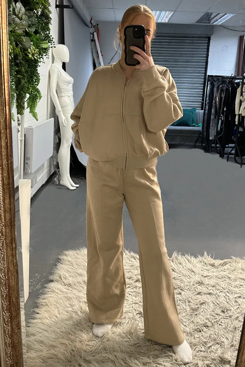 Beige Zip Front Bomber And Joggers Co-ord Set - Sasha