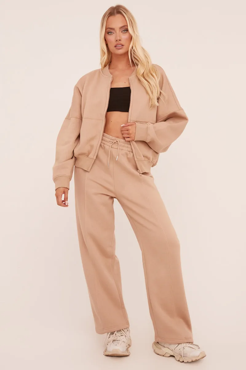 Beige Zip Front Bomber And Joggers Co-ord Set - Sasha