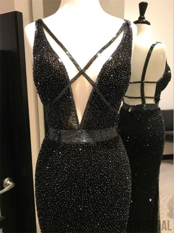 Black Beaded Prom Dresses, Side Slit Prom Dresses, Long Prom Dresses, Cheap Prom Dresses, PD0689