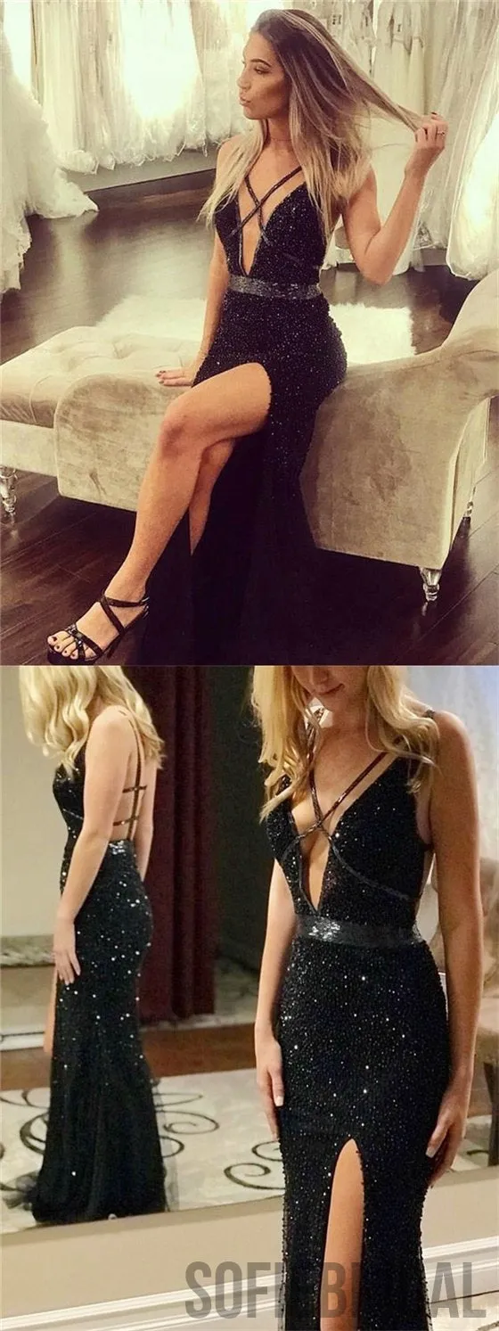 Black Beaded Prom Dresses, Side Slit Prom Dresses, Long Prom Dresses, Cheap Prom Dresses, PD0689