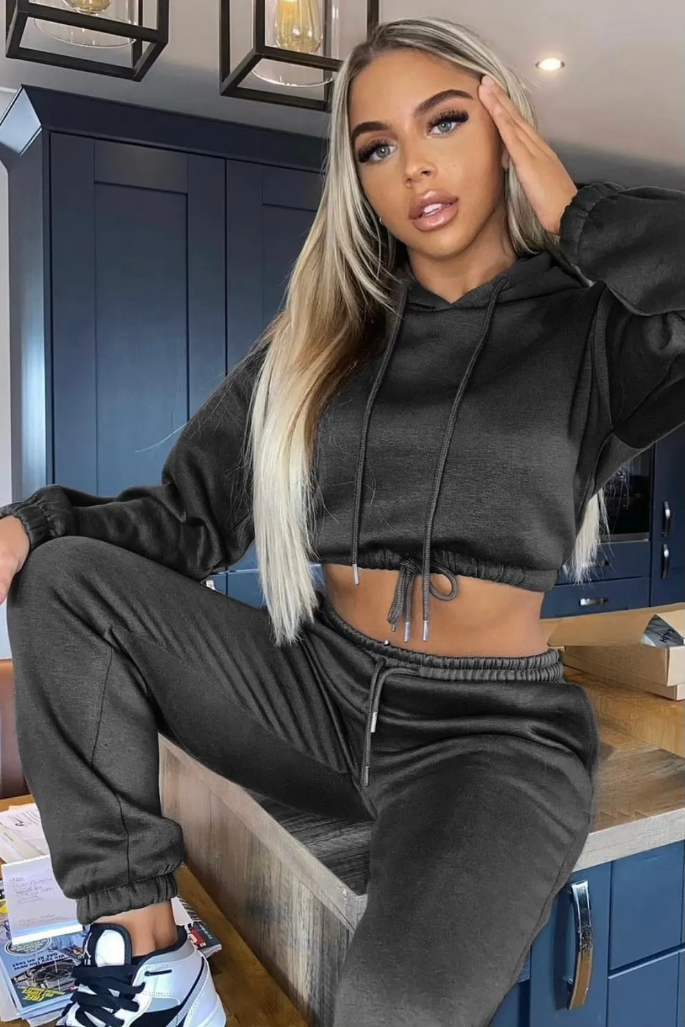 Black Drawstring Cropped Hoodie and Joggers Tracksuit Set