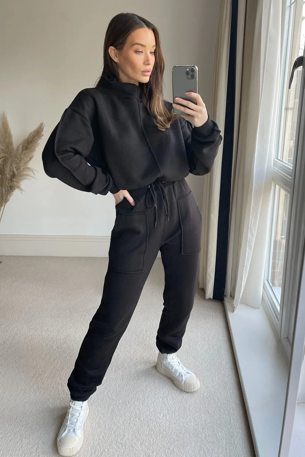 Black High Neck Drawstring Sweatshirt and Joggers Tracksuit Set