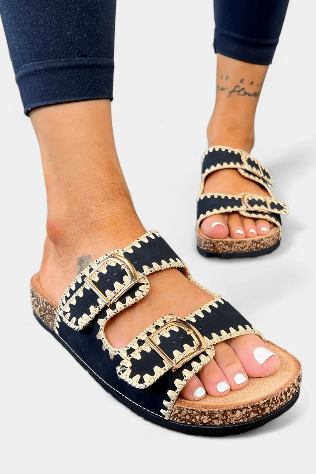 Black Knit Trim Slip On Sandal