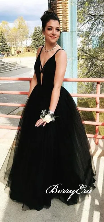 Black Long A-line Tulle Prom Dresses, Simple Long Prom Dresses, 2020 Prom Dresses, Affordable Prom Dresses