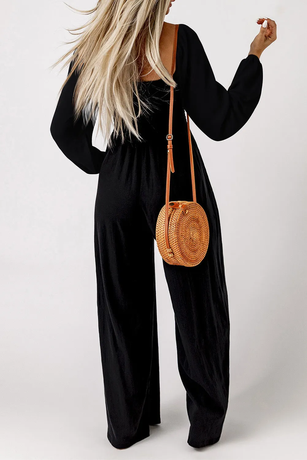 Black Smocked Square Neck Long Sleeve Wide Leg Jumpsuit