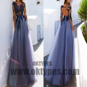 Blue Long Prom Dresses, A-line Prom Dresses, Appliques Prom Dresses, Beading Prom Dresses, Open-back Prom Dresses, TYP0075