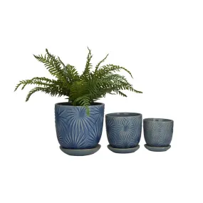 BLUE PORCELAIN FLORAL INDOOR OUTDOOR PLANTER WITH ATTACHED SAUCER